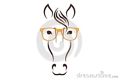 Wise horse head silhouette with orange glasses. Animal face in glasses. Vector Illustration